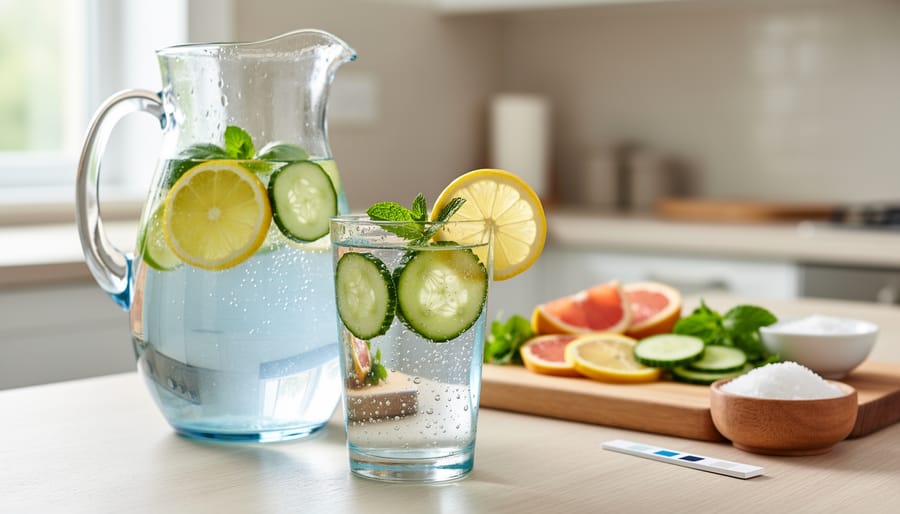 Glass pitcher of alkaline water infused with lemon, cucumber, and mint on kitchen counter
