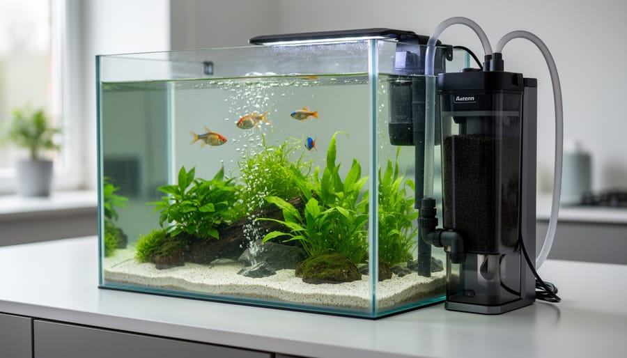 Hang-on-back aquarium filter showing water flow and filtration mechanism