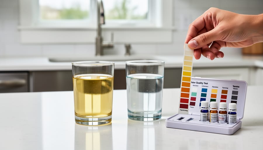 Aquarium water test kit with test tubes and color comparison card for measuring water parameters