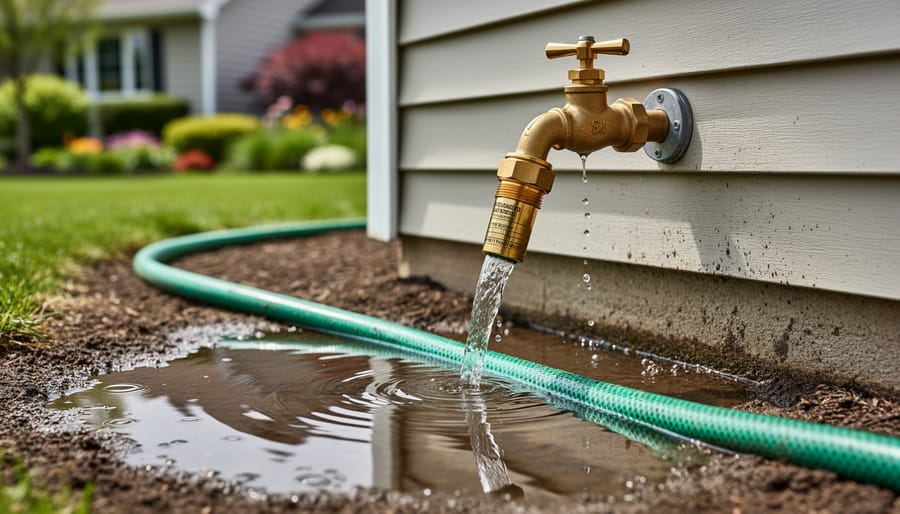 Garden hose lying in contaminated water near fertilizer bags showing backflow risk