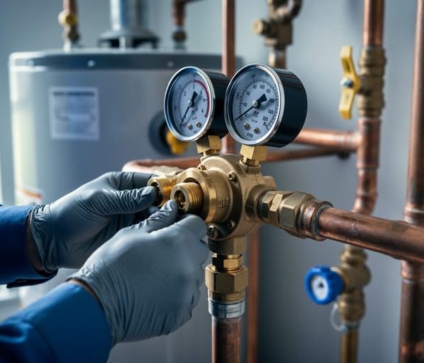 Gloved technician attaching a pressure test gauge manifold to a brass RPZ backflow preventer on copper pipes in a residential utility area, with blurred water heater and shutoff valves in soft daylight.