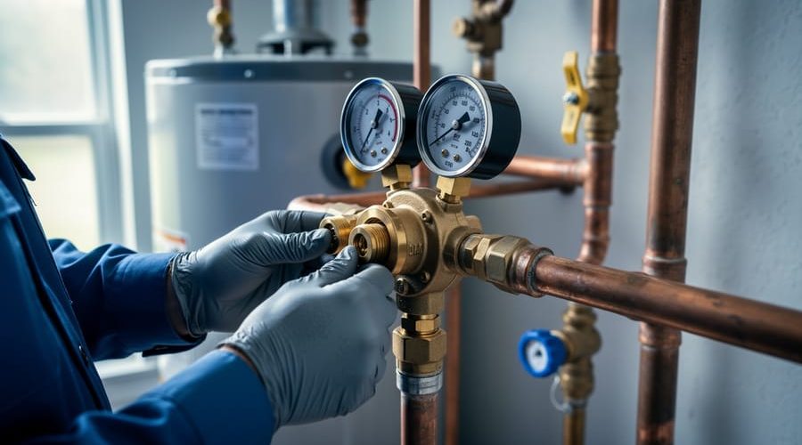 Gloved technician attaching a pressure test gauge manifold to a brass RPZ backflow preventer on copper pipes in a residential utility area, with blurred water heater and shutoff valves in soft daylight.