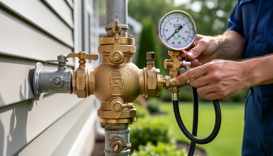 Brass backflow prevention valve assembly mounted on exterior wall showing check valves and relief ports