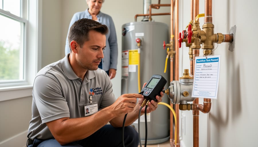 Homeowner and certified backflow tester reviewing test documentation and compliance records