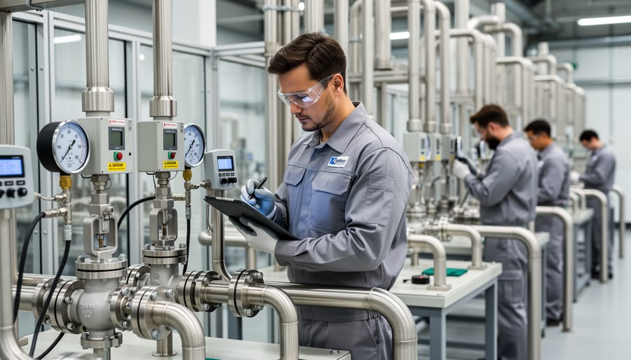 Technician performing backflow valve pressure test with professional gauge equipment