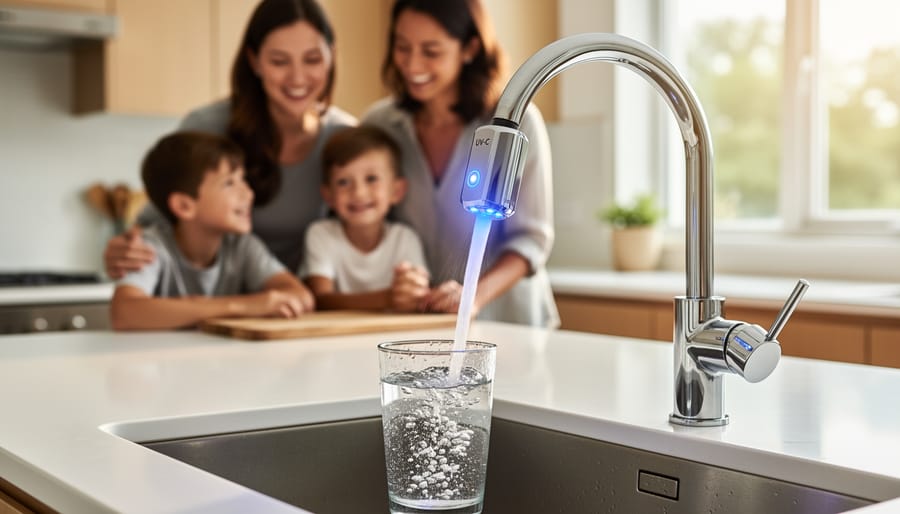 Glass of clean purified water being filled from kitchen faucet