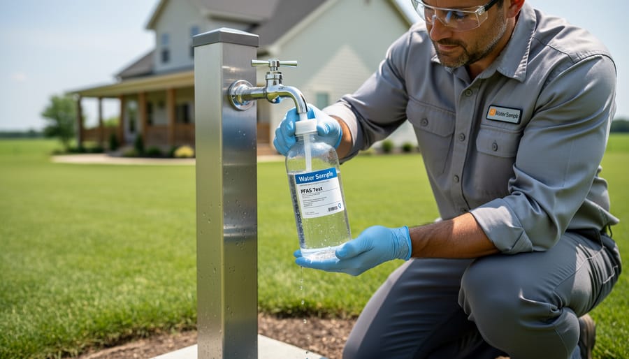 Gloved hands collecting water sample from residential well spigot