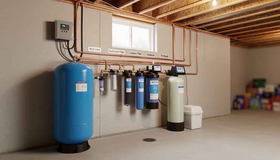 Complete whole house well water filtration system installed in basement with multiple treatment stages