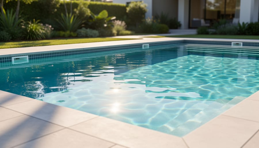 Crystal clear blue swimming pool water with visible sunlight reflections