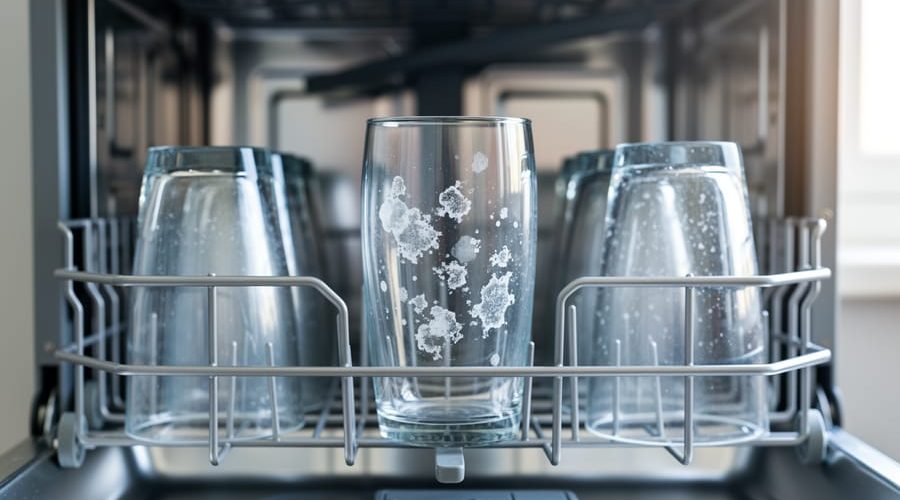 Eye-level close-up into an open dishwasher showing clear drinking glasses with white cloudy mineral spots from hard water, with a softly blurred stainless-steel interior and faint limescale on the spray arm in the background.