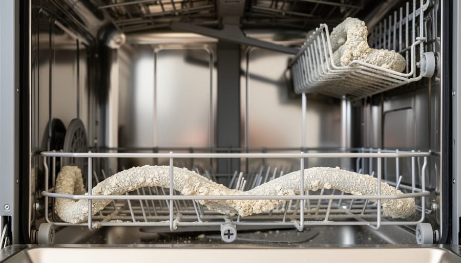 Dishwasher spray arm showing limescale buildup in spray holes from hard water