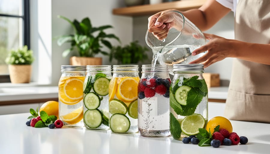 Pouring alkaline water with strawberries and basil into reusable glass