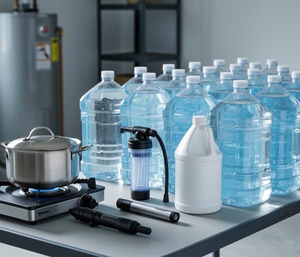 Home emergency water preparedness setup with clear water jugs, a camp stove and stainless pot for boiling, a handheld pump filter, UV purifier, and an unlabeled bleach bottle on a counter; water heater and storage shelves softly blurred behind under natural light.
