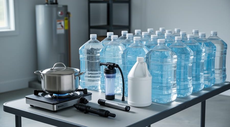 Home emergency water preparedness setup with clear water jugs, a camp stove and stainless pot for boiling, a handheld pump filter, UV purifier, and an unlabeled bleach bottle on a counter; water heater and storage shelves softly blurred behind under natural light.