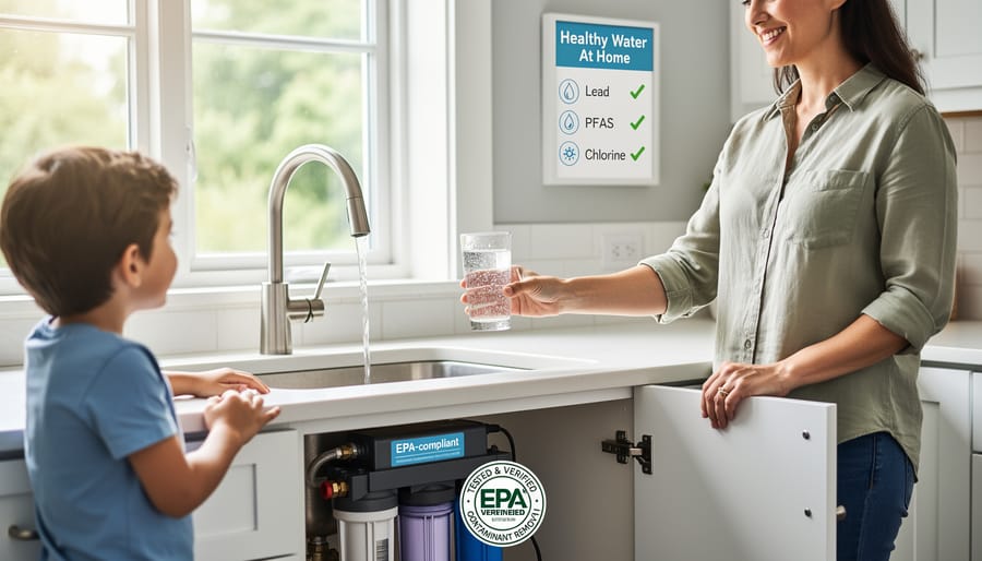 Modern water filter faucet dispensing purified water into glass in contemporary kitchen