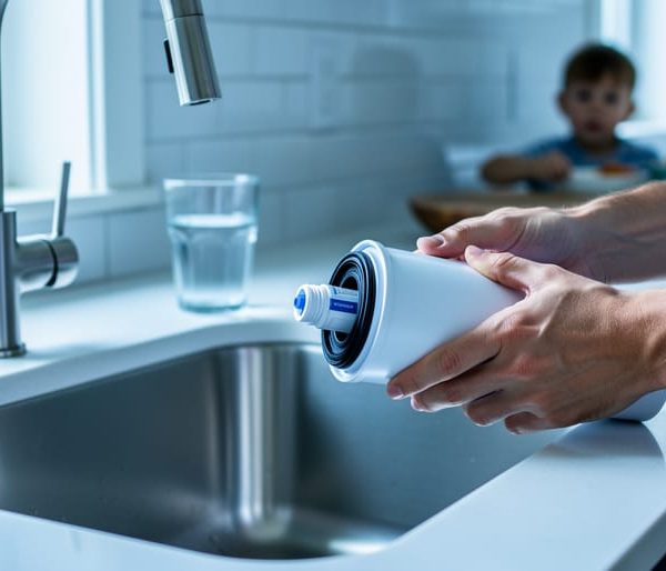 Close-up of hands installing an under-sink water filter cartridge beneath a stainless-steel kitchen sink, with a clear glass of water on the counter and a softly blurred child in the background under bright natural light.