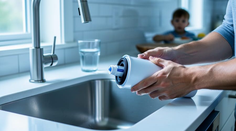 Close-up of hands installing an under-sink water filter cartridge beneath a stainless-steel kitchen sink, with a clear glass of water on the counter and a softly blurred child in the background under bright natural light.