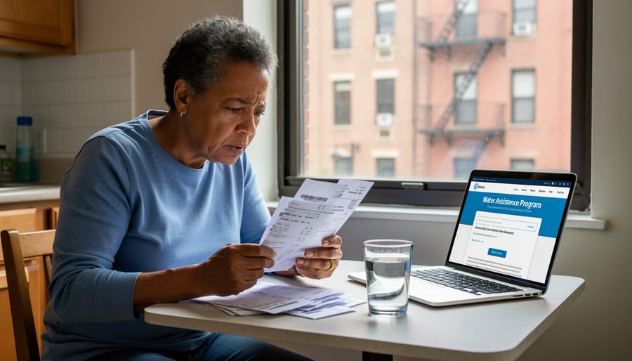 Family reviewing household bills and documents at kitchen table