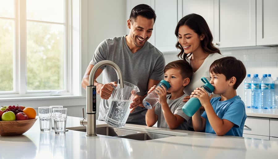 Family filling reusable water bottles from smart water filtration faucet in modern kitchen