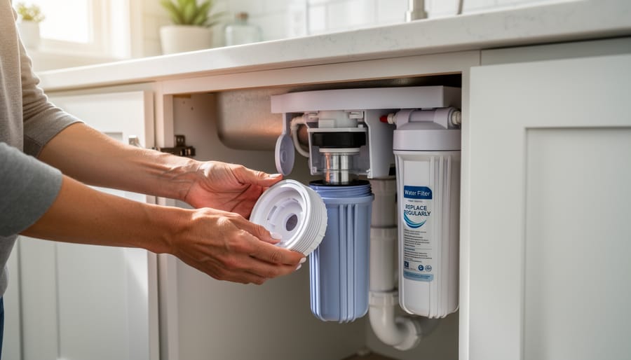 Person replacing water filter cartridge in household filtration system