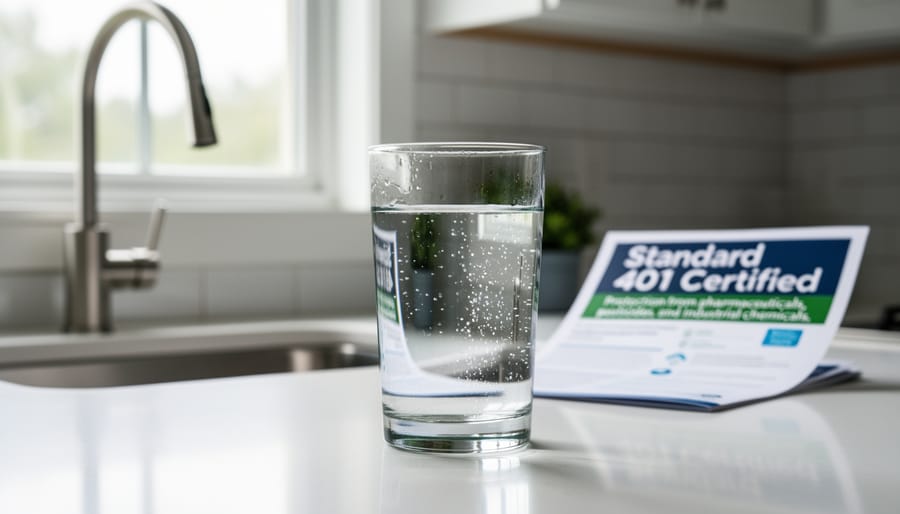 Clear glass being filled with filtered drinking water from kitchen faucet