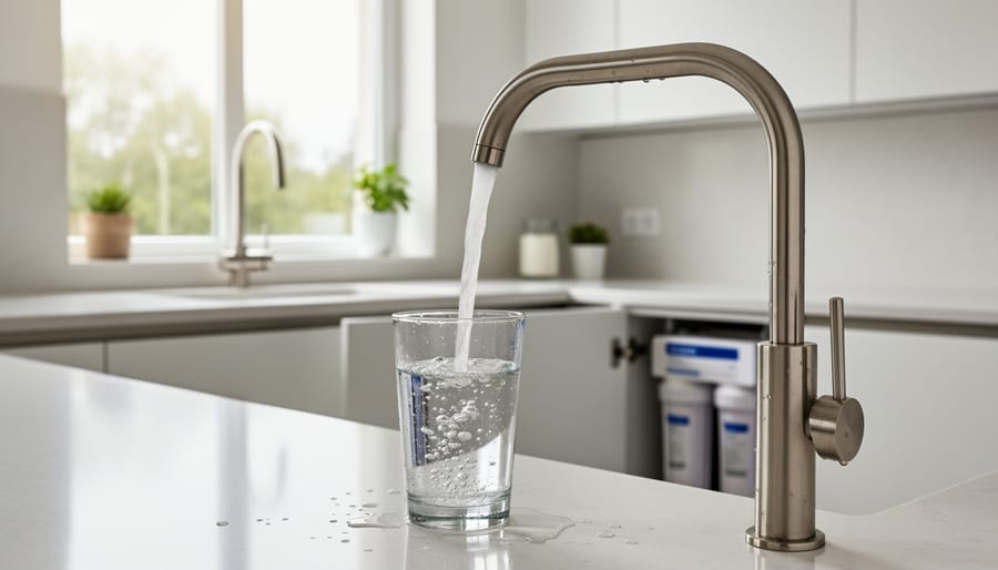 Clear filtered water pouring from kitchen faucet into drinking glass