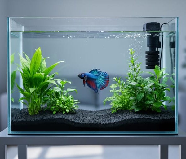 Eye-level photo of a crystal-clear 5-gallon aquarium on a level stand, 1–2 inches of dark substrate, live green plants, a visible sponge or hang-on-back filter creating gentle flow, and a colorful betta; softly diffused side lighting with a blurred living room and potted plant in the background.