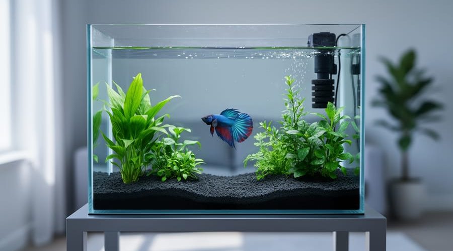 Eye-level photo of a crystal-clear 5-gallon aquarium on a level stand, 1–2 inches of dark substrate, live green plants, a visible sponge or hang-on-back filter creating gentle flow, and a colorful betta; softly diffused side lighting with a blurred living room and potted plant in the background.