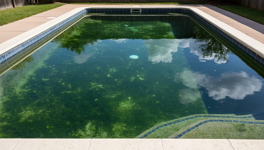 Swimming pool filled with dark green algae-contaminated water