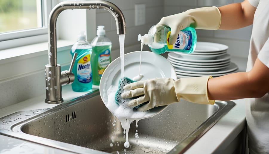 Hands washing dishes in sink showing reduced soap suds from hard water