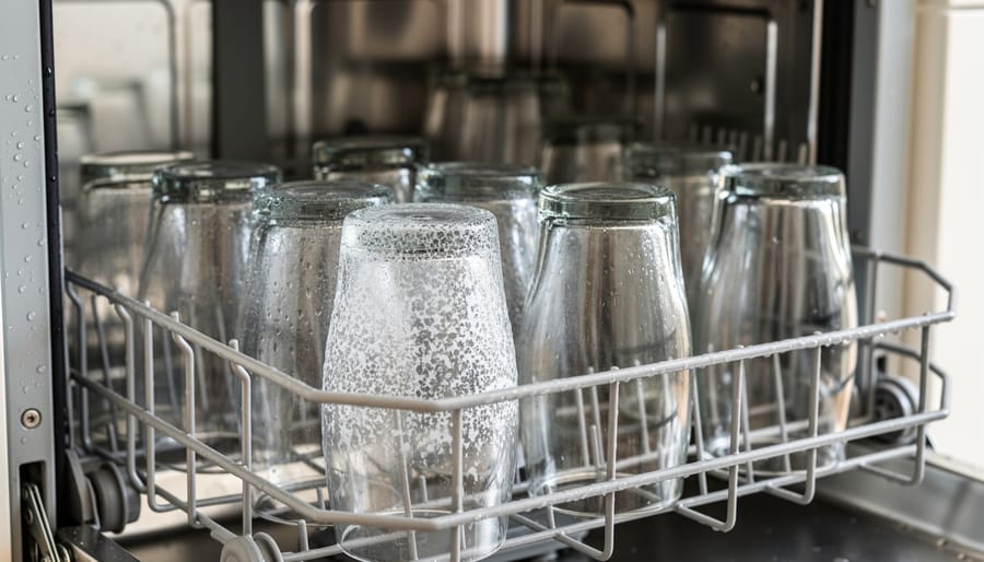 Close-up of glassware showing white film and mineral deposits from hard water
