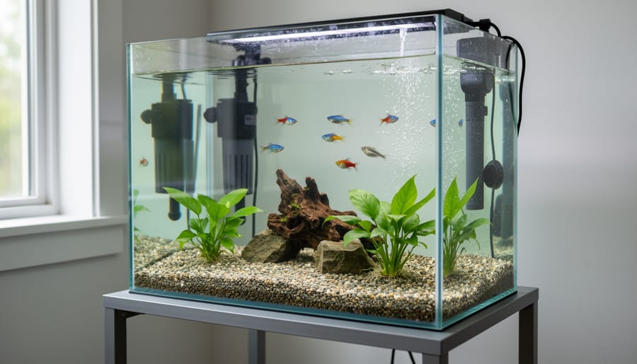 Clear 5 gallon aquarium with healthy plants and fish showing excellent water quality