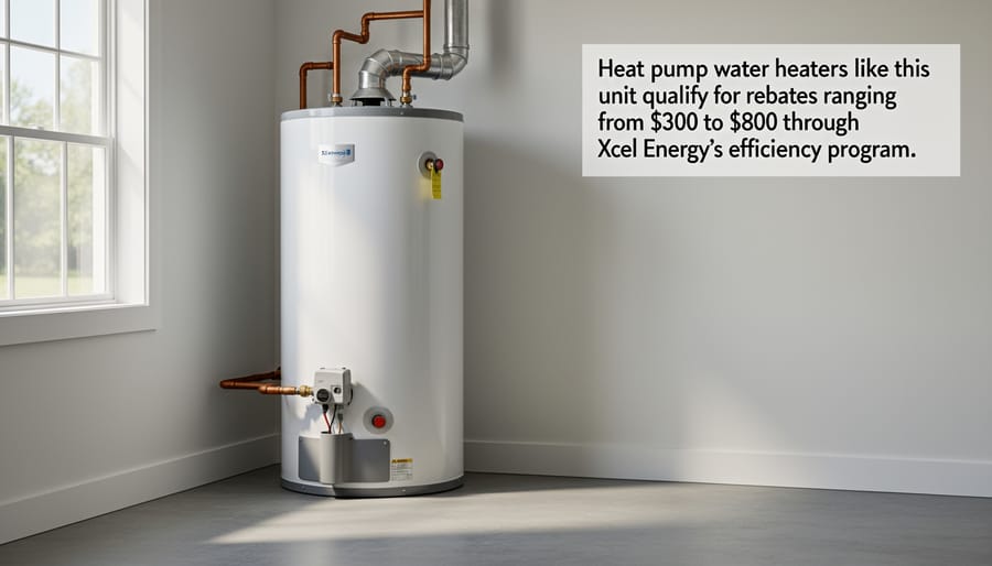 Modern heat pump water heater installed in residential utility room