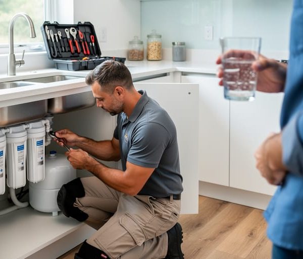 Installer connecting an under-sink reverse osmosis water filtration system in a modern kitchen while the homeowner watches, with tools and faucet softly blurred in the background.