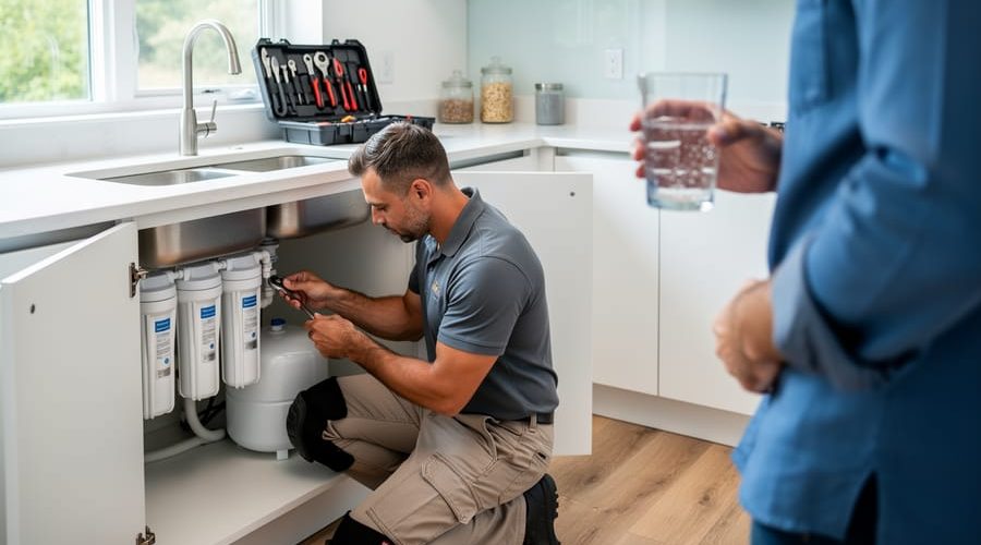 Installer connecting an under-sink reverse osmosis water filtration system in a modern kitchen while the homeowner watches, with tools and faucet softly blurred in the background.