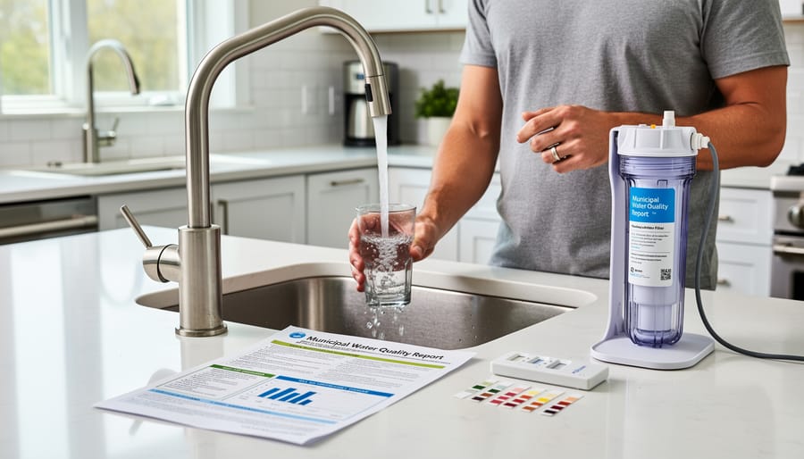 Whole-house water filtration system installed on basement wall