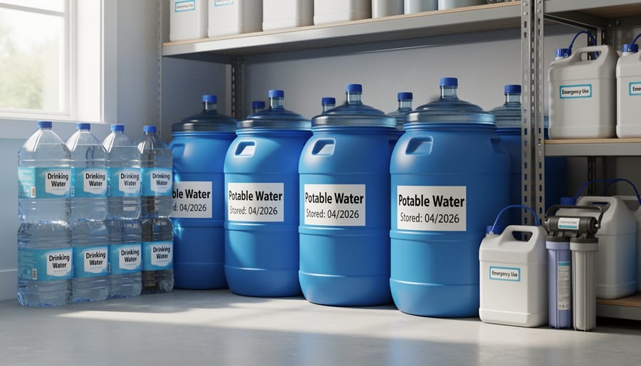 Food-grade water storage containers and barrels arranged in home garage