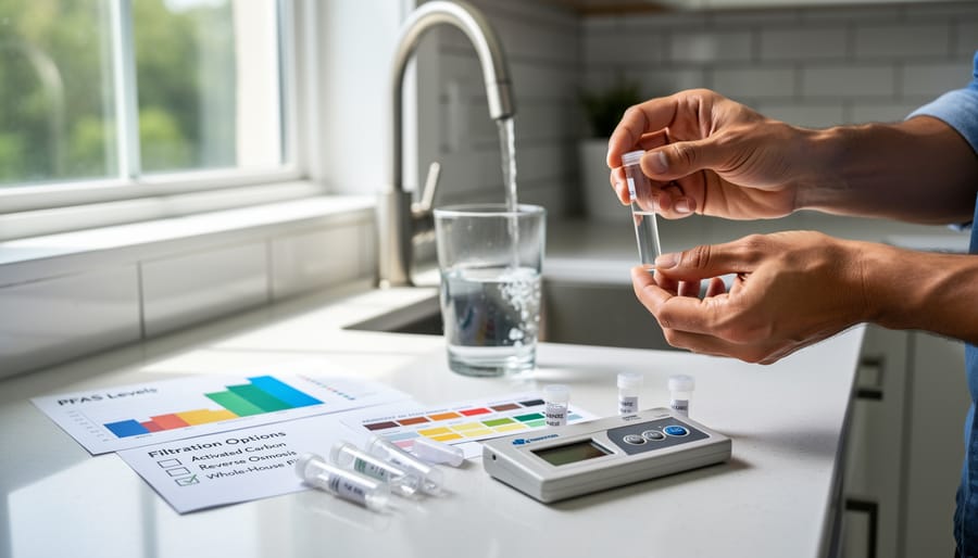 Person holding water testing sample vial for PFAS contamination analysis