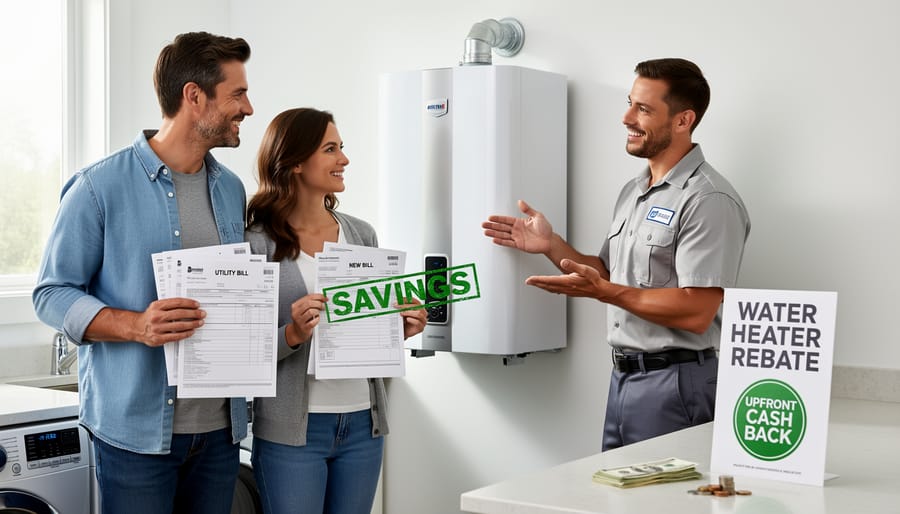 Couple reviewing utility bills and savings at kitchen table with laptop