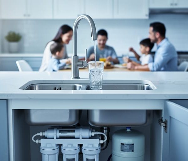 Stainless-steel kitchen sink with a filtered-water faucet filling a clear glass, an open cabinet showing under-sink canister filters and an RO tank, with a family eating breakfast softly blurred in a sunlit background