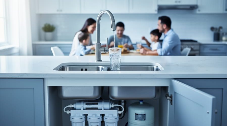 Stainless-steel kitchen sink with a filtered-water faucet filling a clear glass, an open cabinet showing under-sink canister filters and an RO tank, with a family eating breakfast softly blurred in a sunlit background