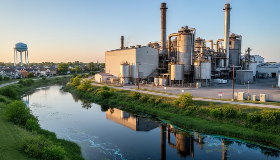 Industrial facility located near waterway showing potential contamination source