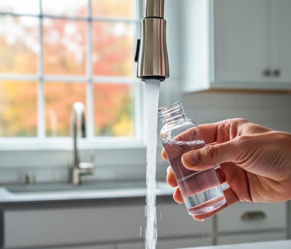 Hand filling a clear sample bottle under a kitchen faucet with the water stream in sharp focus; blurred New England-style kitchen and autumn trees visible through a window in the background.