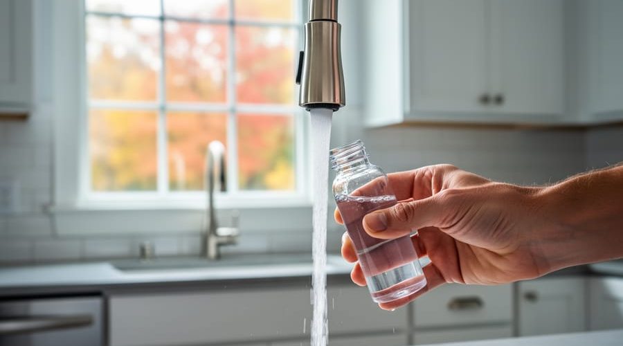 Hand filling a clear sample bottle under a kitchen faucet with the water stream in sharp focus; blurred New England-style kitchen and autumn trees visible through a window in the background.