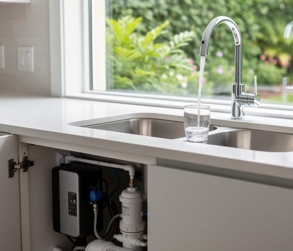 Tankless under-sink reverse osmosis system with permeate pump visible in an open cabinet while a chrome RO faucet fills a glass; garden plants outside the window suggest redirecting reject water for irrigation.