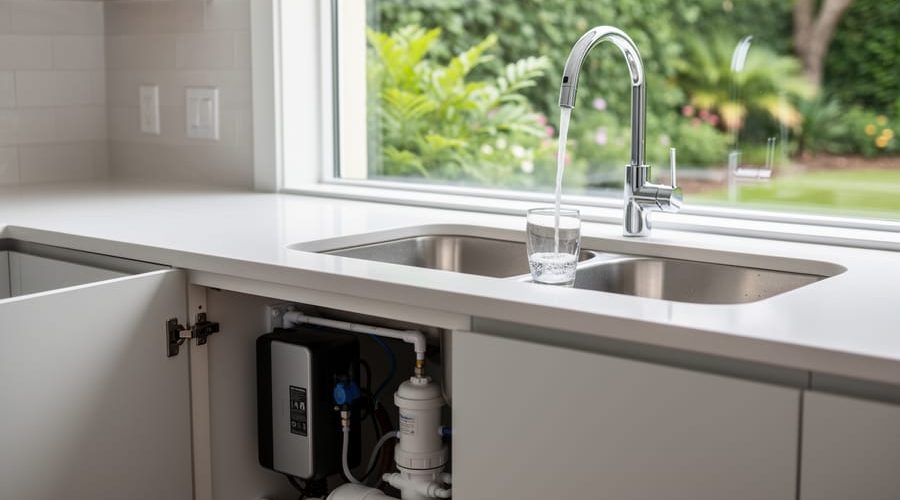 Tankless under-sink reverse osmosis system with permeate pump visible in an open cabinet while a chrome RO faucet fills a glass; garden plants outside the window suggest redirecting reject water for irrigation.
