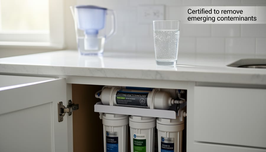 Under-sink water filtration system with multiple filter cartridges installed in kitchen cabinet