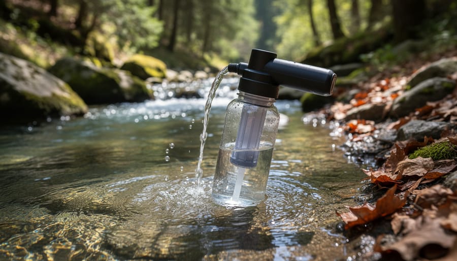 Clear natural stream water flowing over rocks in forest setting