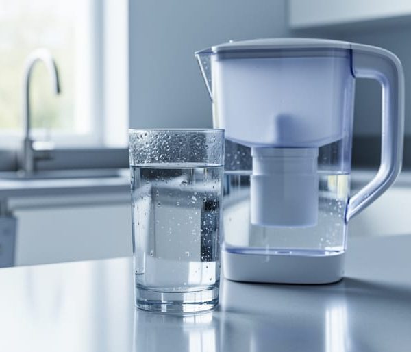 Close-up of a clear glass of water next to a sleek filter pitcher on a modern kitchen counter, with a blurred faucet and partially open cabinet hinting at an under-sink filtration unit in the background.