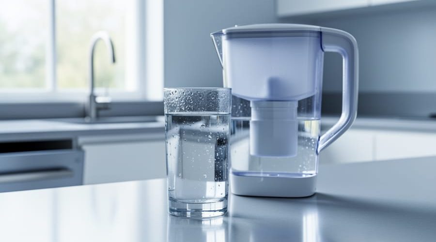 Close-up of a clear glass of water next to a sleek filter pitcher on a modern kitchen counter, with a blurred faucet and partially open cabinet hinting at an under-sink filtration unit in the background.